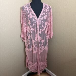 Time and Tru Pink Embroidered Lace Kimono Duster Sheer Open Front L XL